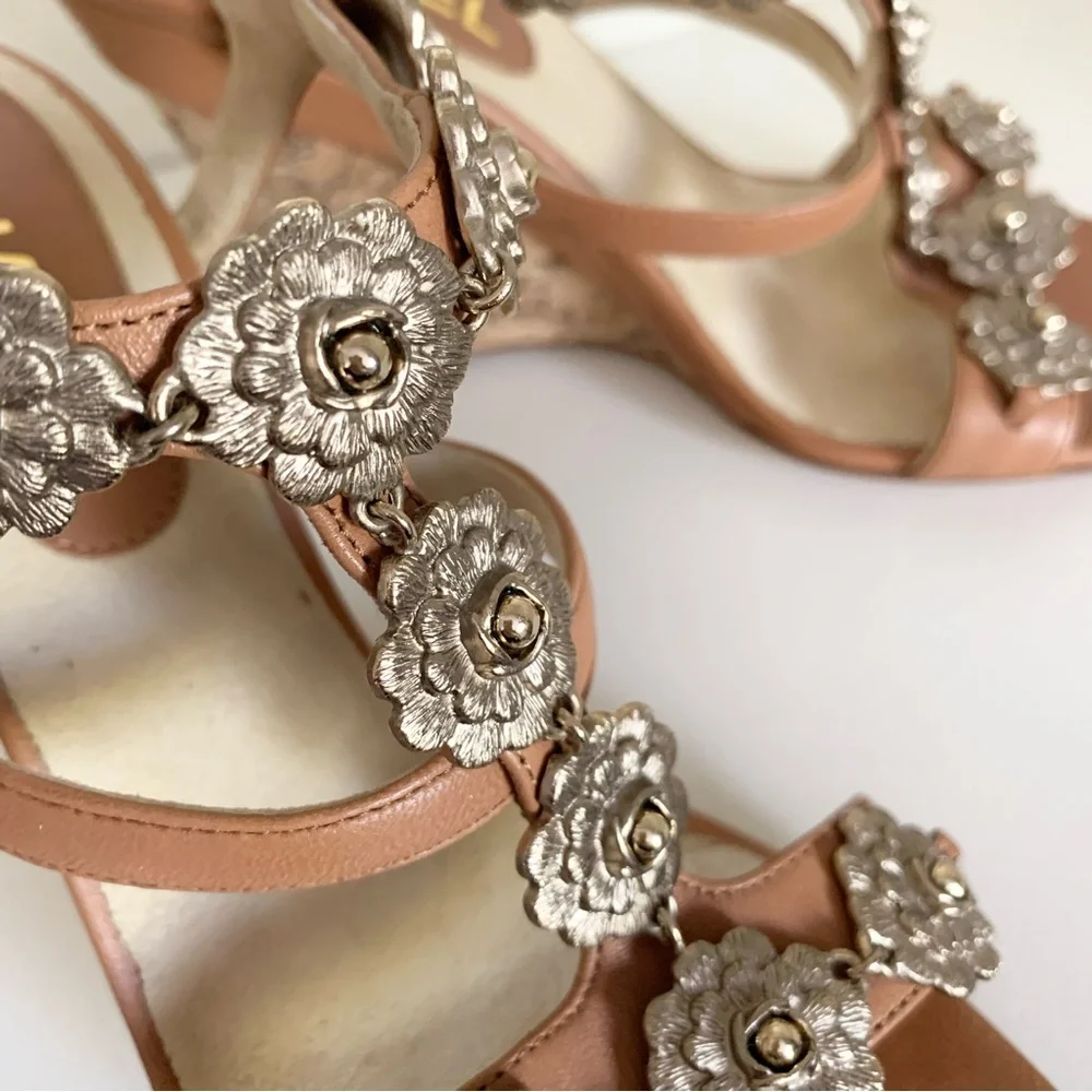 Chanel cc logo camellia charm sandal wedges